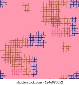 Grunge Seamless Mesh. Abstract Pattern. Vintage Hand Drawn Texture with Shabby Crossing Lines. Colorful Vector Pattern for Cotton, Print, Calico. Abstract Seamless Pattern.