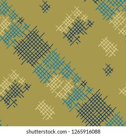 Grunge Seamless Mesh. Abstract Pattern. Retro Hand Drawn Texture with Scratched Crossing Lines. Colorful Vector Pattern for Cotton, Print, Calico. Abstract Seamless Pattern.