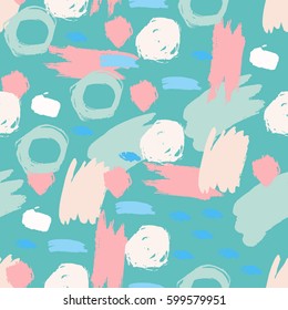 Grunge seamless pattern. Abstract colorful background with hand drawn grunge random brush strokes, dots, circles, rings. Messy bubbles. Dotted texture.  Vector illustration.