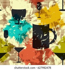 Grunge seamless pattern with alcoholic glass silhouettes. Vector illustration