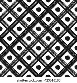 Grunge seamless pattern of black white diagonal stripes and circle, grunge background of cage and points, hand painted vector design for textile, wallpaper, web design, wrapping, fabric, paper