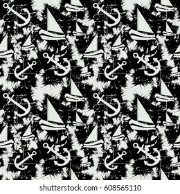 Grunge seamless pattern with boats and anchors. Vector illustration