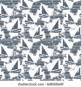 Grunge seamless pattern with boats. Vector illustration