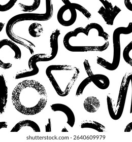 Grunge seamless pattern with circle, wave lines, triangles and dots. Hand drawn geometric shapes. Modern stylish texture. Vector ink Illustration print.
