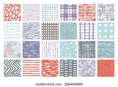 Grunge seamless pattern collection. Abstract textured backgrounds. Hand drawn elements: brush strokes, dots, spots, scratches, stripes, ink splashes. Sketch effect. Vector illustration set. 