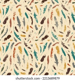 Grunge seamless pattern with colored disheveled feathers on a beige backdrop. Vector repeating background with chaotic scattered bird plumelets in boho style. Wallpaper, wrapping paper, fabric design