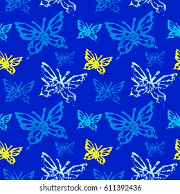 Grunge seamless pattern. Colorful background with butterflyimprints.Tile texture with stamps of the bugs. Template for wrapping, textile. poster print. Vector