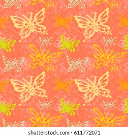 Grunge seamless pattern. Colorful background with butterfly imprints.Tile texture with stamps of the bugs. Template for wrapping, textile. poster print. Vector