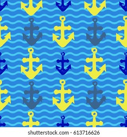 Grunge seamless pattern. Colorful background with anchor imprints.Tile texture with stamps of the ship equipment. Template for wrapping, textile. poster print. Vector