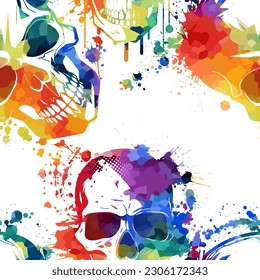 Grunge seamless pattern with colorful skulls. Vector illustration.