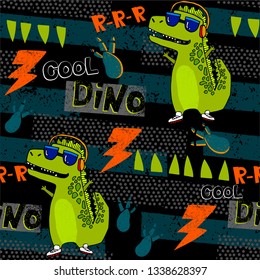 Grunge seamless pattern with cool dinosaur on dark background