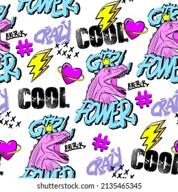 Grunge seamless pattern with cool dinosaur with patch and words on black background. Print for girl