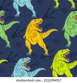 Grunge seamless pattern with cool dinosaur and graffiti words on blue background. Print for boys