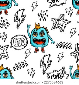 Grunge seamless pattern with cool monster and graffiti text on white background.  Print for boys