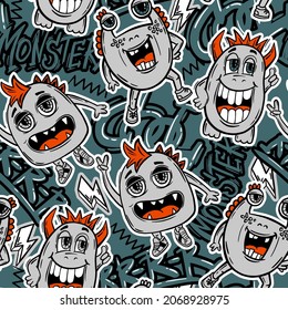 Grunge seamless pattern with cool monsters and graffiti text on blue background.  Print for boys