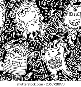 Grunar un patrón sin fisuras con monstruos geniales y texto de graffiti sobre fondo negro.  Imprimir para niños