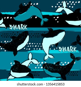 Grunge seamless pattern with cool shark on background