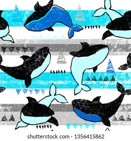 Grunge seamless pattern with cool shark on background