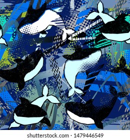 Grunge seamless pattern with cool shark on dark background.  Print for boys