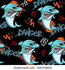 Grunge seamless pattern with cool shark on dark background.  Print for boys