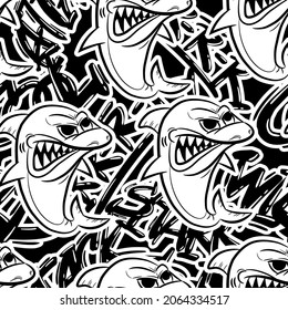 Grunge seamless pattern with cool shark and graffiti text on dark background.  Print for boys