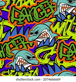 Grunge seamless pattern with cool shark and graffiti words. Print for boys