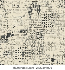 Grunge Nahtloses Muster mit Kreuzworträtseln, okkulten Symbolen, Formeln und Text lorem ipsum. Alte Gravuren, Manuskriptseiten. Stoff, Tapete, Umschlag, Umschlagpapier. Buchendpapier. Keine Ahnung