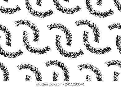 Grunge seamless pattern with  curved semi oval print. short lines. Hand drawn brush crayon charcoal texture with rough edges. 