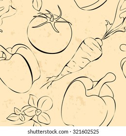 A grunge seamless pattern with different vegetables in old style