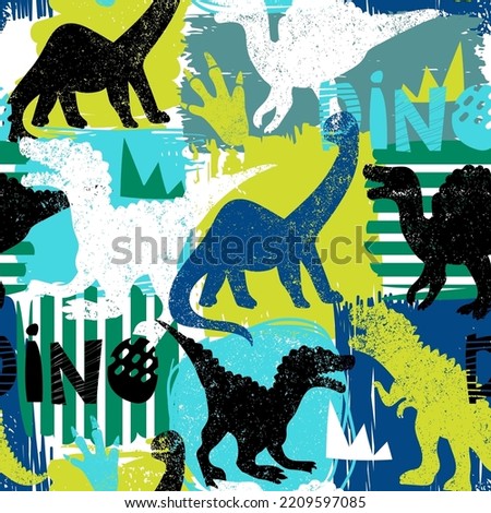 Grunge seamless pattern with dinosaur and graffiti words on blue background. Print for boys