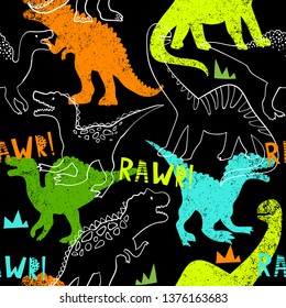 Grunge Seamless Pattern With Dinosaur On Dark Background. Print For Boys