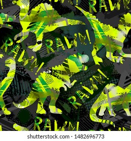 Grunge seamless pattern with dinosaur on dark background. Print for boys