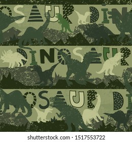 Grunge seamless pattern with dinosaur on dark background. Print for boys