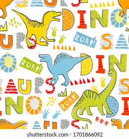 Grunge seamless pattern with dinosaur on dark background. Print for boys