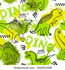 Grunge seamless pattern with dinosaur on dark background. Print for boys