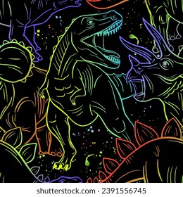 Grunge seamless pattern with dinosaur on dark background. Print for boys