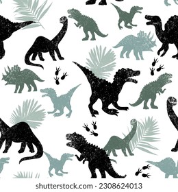 Grunge seamless pattern with dinosaur silhouette on white background. Print for boys