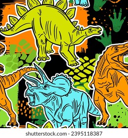 Grunge seamless pattern with dinosaur silhouettes on dark background. Print for boys