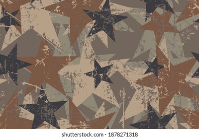 Grunge seamless pattern with five pointed stars. Military camouflage color scheme - Khaki, black, two shades of brown and green.