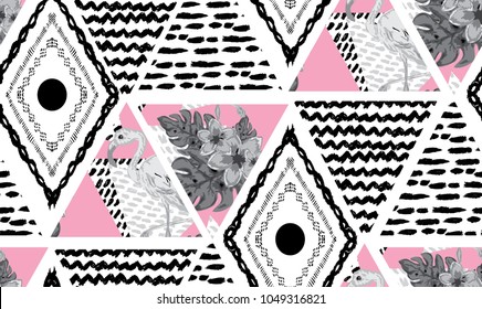 Grunge seamless pattern with flamingo birds, design elements. Floral tropical pattern for invitations, cards, print, gift wrap, manufacturing, textile, fabric, wallpapers