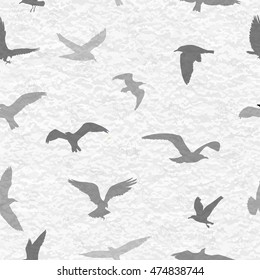 Grunge seamless pattern of flying birds white background. Vector illustration