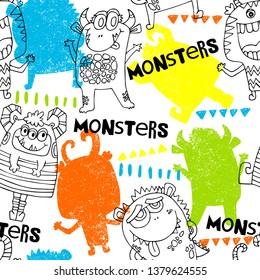 Grunge seamless pattern with funny monsters on white background. Print for little boys 