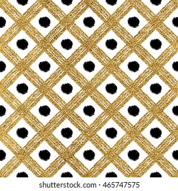 Grunge seamless pattern of gold and black diagonal stripes and circle, golden shiny and black background of lines, points, cage, hand drawn vector for invitation, card, wedding, holiday, web