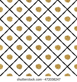 Grunge seamless pattern of gold and black cage and circle, golden shiny and black background of diagonal stripes, points, hand drawn vector for invitation, card, wedding, holiday, web