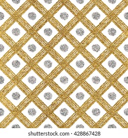 Grunge seamless pattern of gold silver diagonal stripes and circle, seamless golden silvern background lines, points, cage, hand drawn vector pattern for invitation, card, wedding, holiday, web