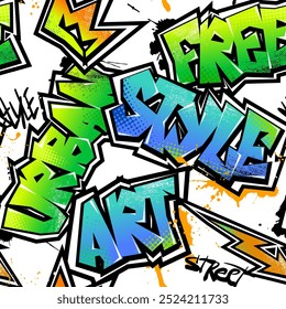 Grunge padrão perfeito com palavras de grafite no fundo branco para meninos. Estilo urbano de moda. Impressão de neon brilhante. Estilo Livre e slogan de arte urbana. Vetor de design de arte de tipografia legal