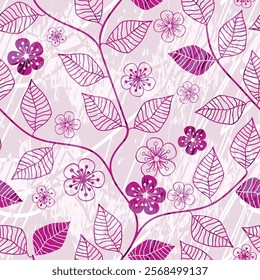 Grunge seamless pattern with hand drawm branches and leaves of cherry blossoms on a white background. Floral pink organic background. For textiles, wallpaper and packaging.