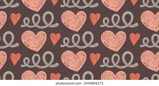 Grunge Seamless Pattern of Hand-Drawn Peach Hearts and Coffee Twists on Brown Background. Boho Style of Children's Drawing. Romantic Continuous Background with Textured Elements.