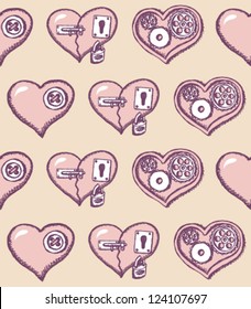 Grunge seamless pattern with hearts, gears, locks and buttons