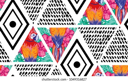 Grunge seamless pattern with parrots, design elements. Floral tropical pattern for invitations, cards, print, gift wrap, manufacturing, textile, fabric, wallpapers